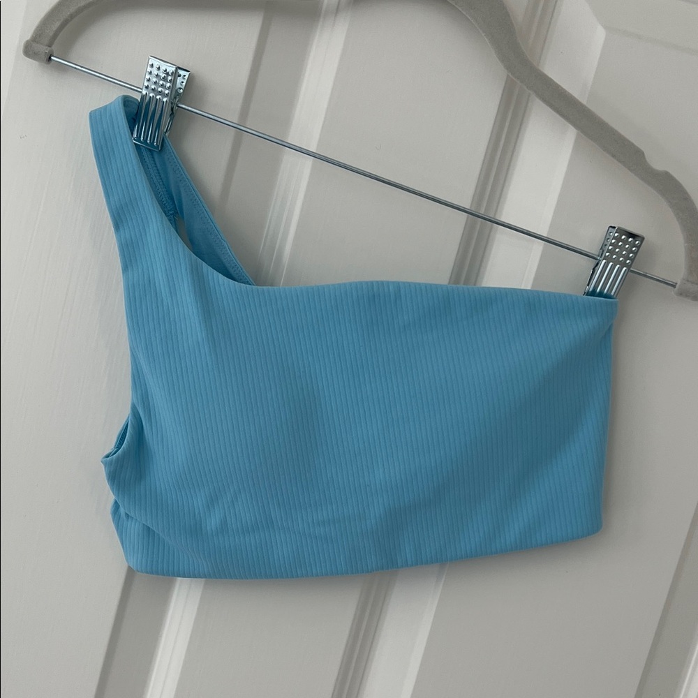 One-Shoulder Ribbed Crop Top - Light Blue